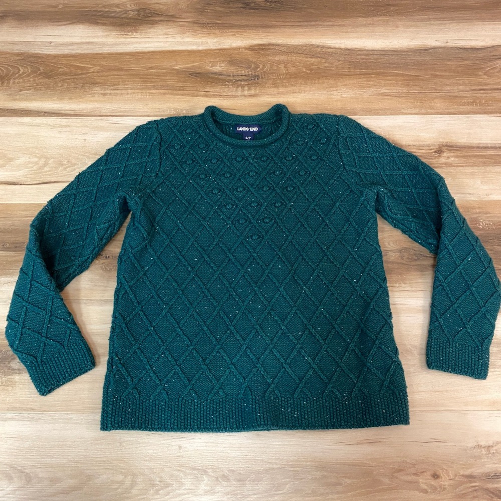 Lands End Diamond Knit Sweater Womens Small Roll Neck Speckled Textured Pullover